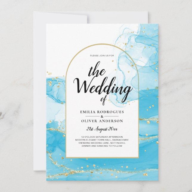 LeahG Turcouise Guld Aqua Blue Wedding INVITE Inbjudningar (Framsida)