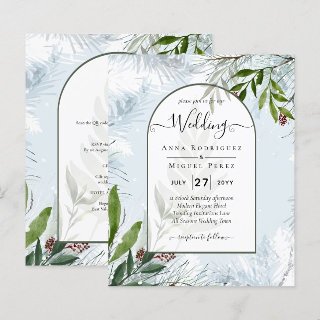 LeahG Winter Wedding Aqua Blue Grönt INBJUDAN (Fram/baksida)