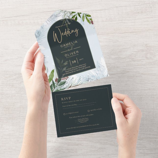 LeahG Winter Wedding Aqua Blue Grönt INBJUDAN (Tearaway)