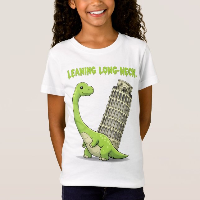 Leaning Long-Neck Cute Brachiosaurus & Leaning Tow T Shirt (Framsida)