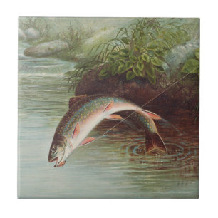 Leaping Brook Trout by S.A. Kilbourne Vintage Fish Kakelplatta