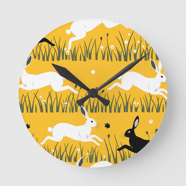 Leaping Bunny Mustard Meadow Pattern Rund Klocka (Framsida)