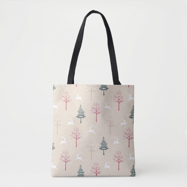 Leaping Deer & Snowy Trees Christmas Tote Bag Tygkasse (Framsida)