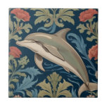 Leaping Dolphin William Morris stil Lämnat vänd mo Kakelplatta<br><div class="desc">"classy Classic art nouveau",  "sage grönt leaping dolphin",  "Sea sea sea maritime animals",  "william morris ceramic tile tile",  "blue water vatten life",  "Sea Ocseas mörk navy red",  "vintage snyggt shore life",  "nautical wildlife vild animals",  "hoppar lämnat vid delfinfisk",  "Traditionella strandantique"</div>