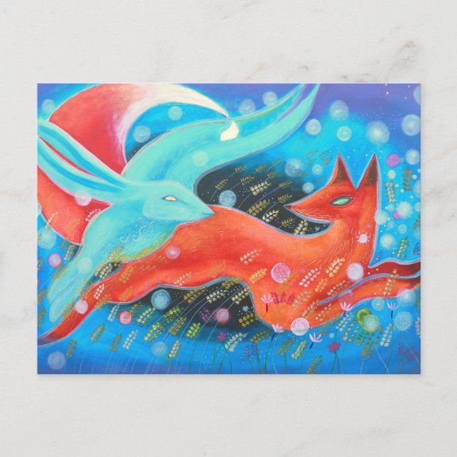 Leaping Fox med Hare. Vykort (Framsida)