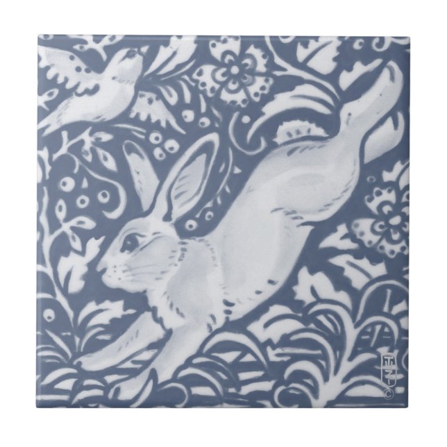 Leaping Rabbit Blue White Botanical Dedham Delft C Kakelplatta (Framsidan)