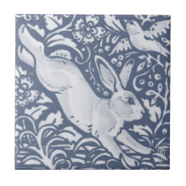 Leaping Rabbit Blue White Botanical Dedham Delft Kakelplatta