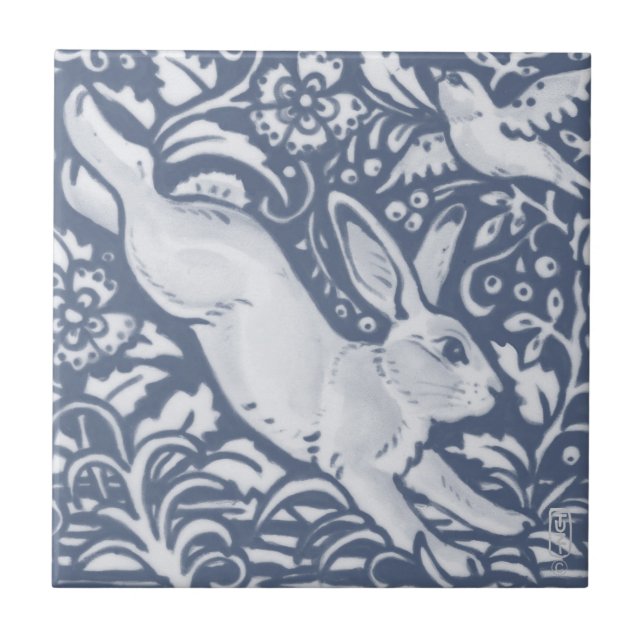 Leaping Rabbit Blue White Botanical Dedham Delft Kakelplatta (Framsidan)