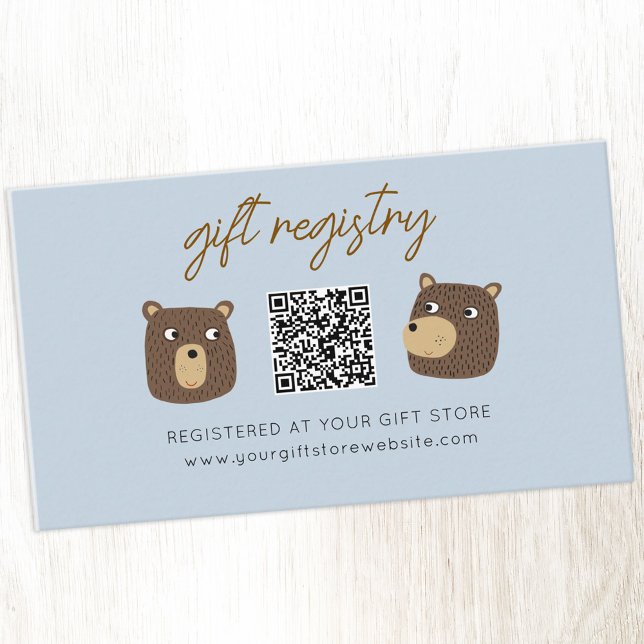Lear Unge Baby Shower Gift-registreringskod QR-kod Tilläggskort (Little teddy bear cub fun baby shower gift registry website enclosure card with QR code)