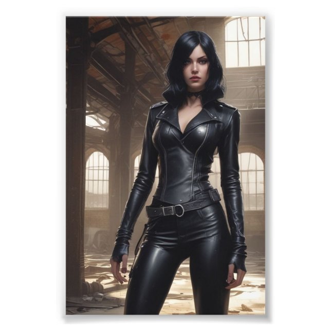 Leather-Clad Goth Babe Posing Abandoned Warehouse Fototryck (Framsidan)