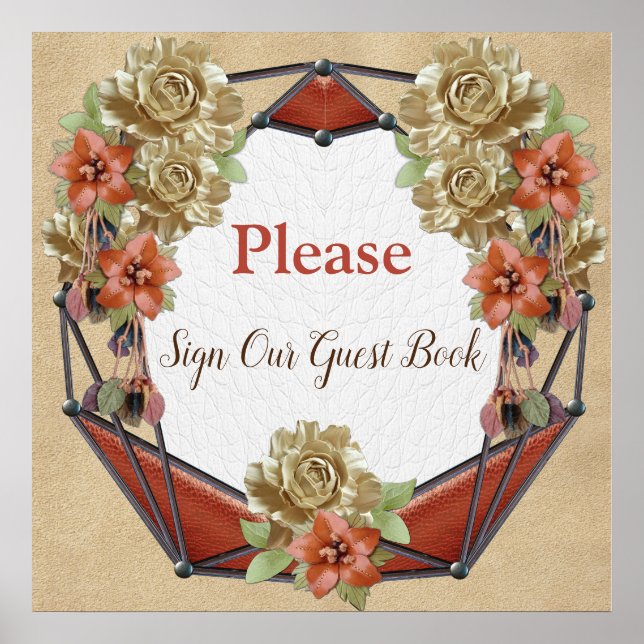 Leather Flowers on Cream Suede Guest Book Poster (Framsidan)