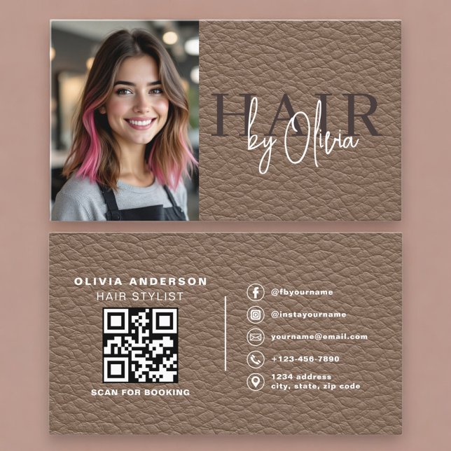Leather Hair Stylist Photo QR Code  Visitkort (Skapare uppladdad)