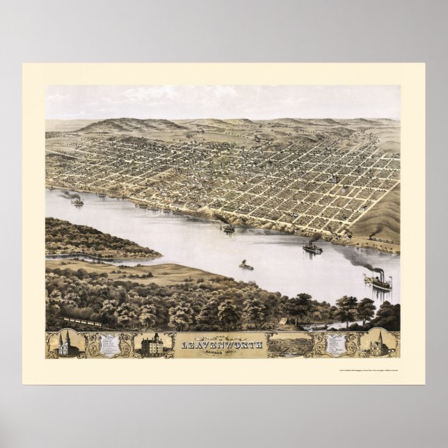 Leavenworth, KS Panoramic Karta - 1869 Poster (Framsidan)