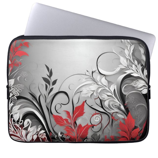 Leaves and Swirls Red Black White Electronics Bag Laptop Fodral (Framsidan)