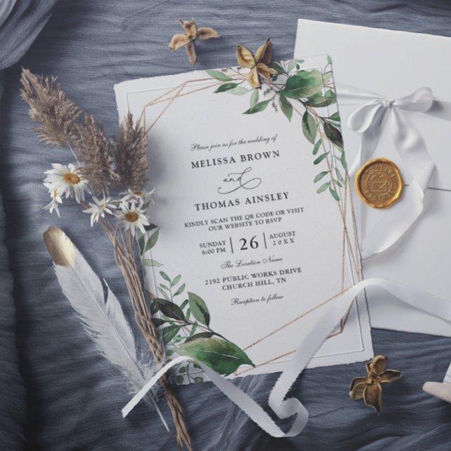 Leaves Eucalyptus Gold Budget QR Code Wedding Inbjudningar (Skapare uppladdad)