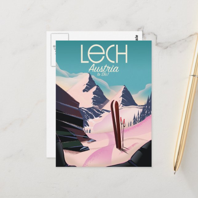 Lech Austria Ski poster. Vykort (Fram/Back In Situ)