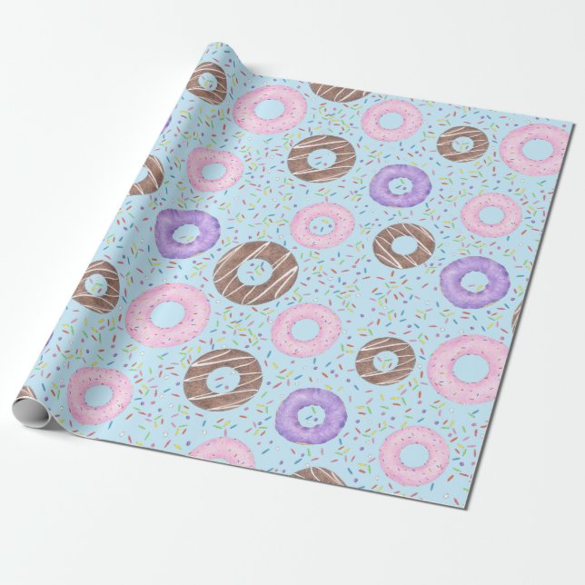 Lecker Donut Inpackningspapper på Blå Presentpapper (Utrullad)