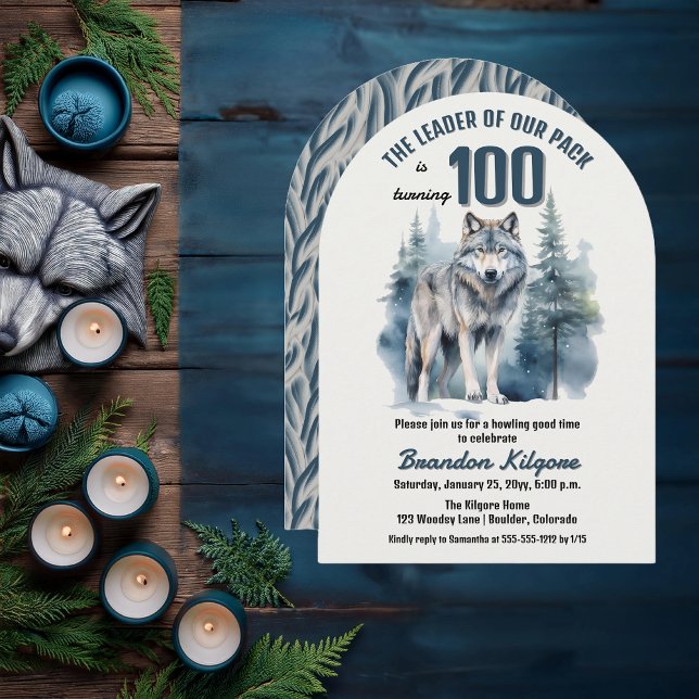 Ledaren för vår Varg för paket 100:e Födelsedagsfe Inbjudningar ("The Leader of Our Pack is Turning 100" 100th Birthday Arched Invitation)