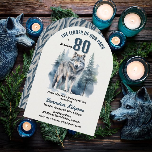Ledaren för vår Varg för paket 80:e Födelsedagsfes Inbjudningar ("The Leader of Our Pack is Turning 80" 80th Birthday Arched Invitation)