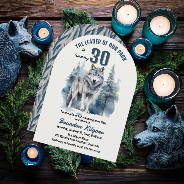 Ledaren för vårt paket Varg 30års födelsedag Party Inbjudningar ("The Leader of Our Pack is Turning 30" 30th Birthday Arched Invitation)