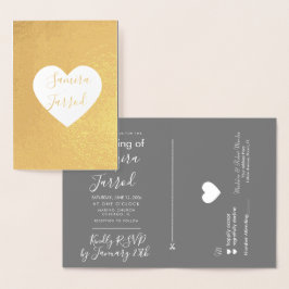 Ledig Grå och Guld Hjärtan Rsvp och Bröllopskort Folierat Kort