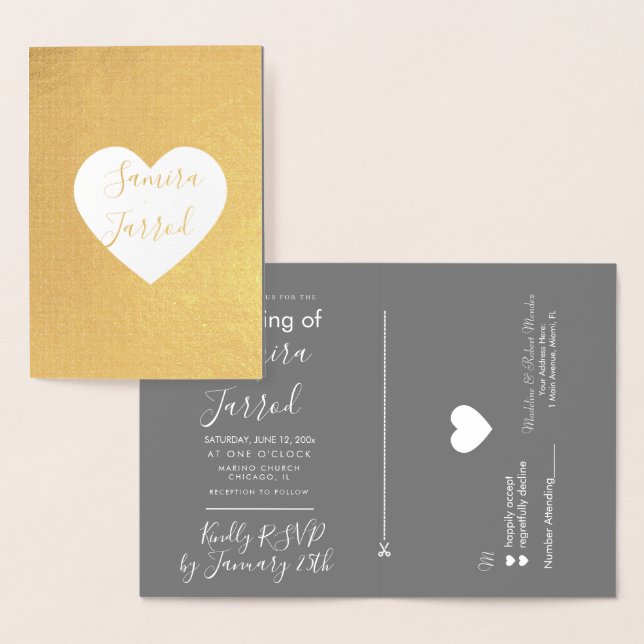 Ledig Grå och Guld Hjärtan Rsvp och Bröllopskort Folierat Kort (Display)
