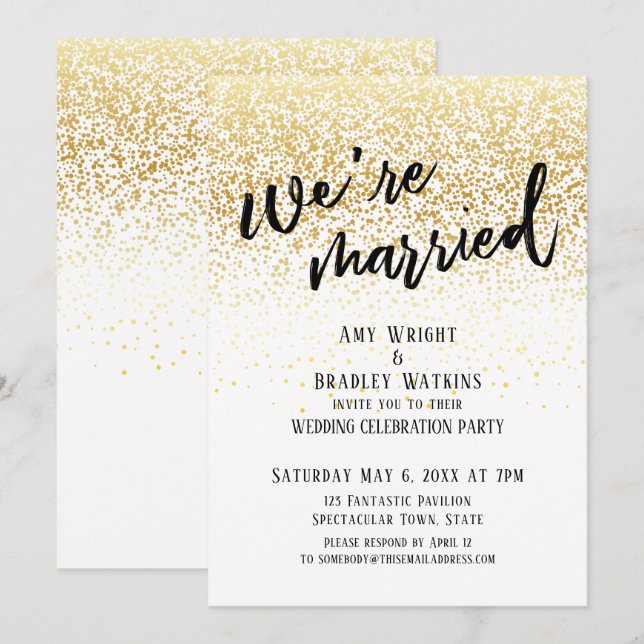 Ledig handstil Vi är gifta Guldkonfetti Inbjudningar (Fram/baksida)