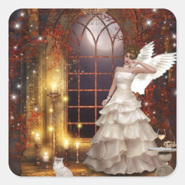 Ledsen Angel med Kattunge Fyrkantigt Klistermärke (Framsida)