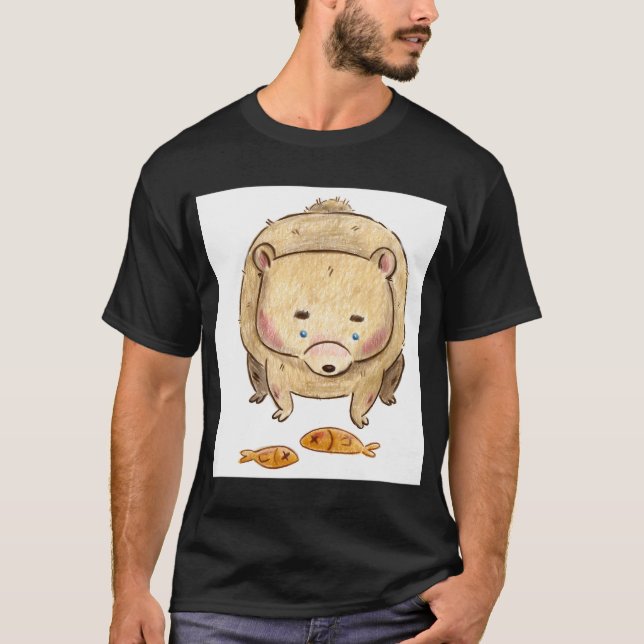 Ledsen Björn Med Fisk Illustration T Shirt (Framsida)