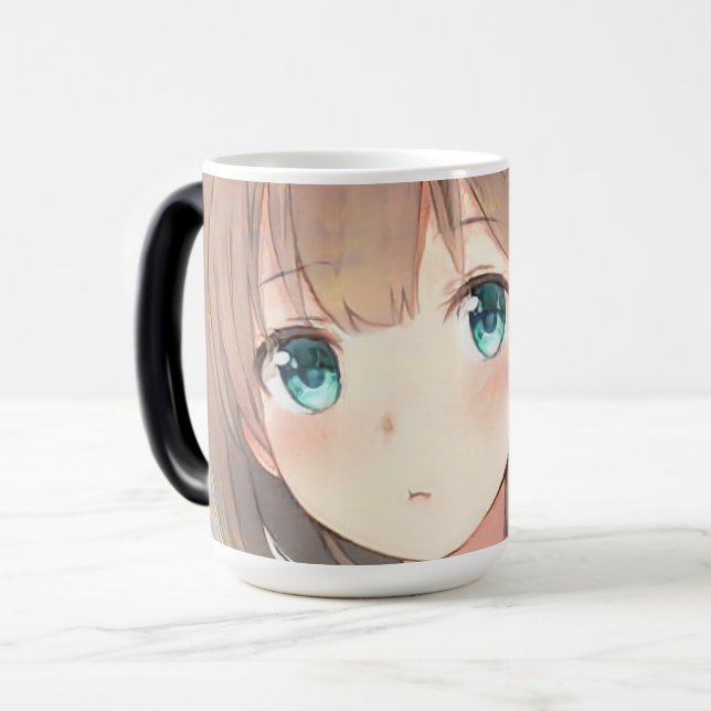 Ledsen brun hårflicka kläckte grönt öga anime mang magisk mugg (Framsida vänster)