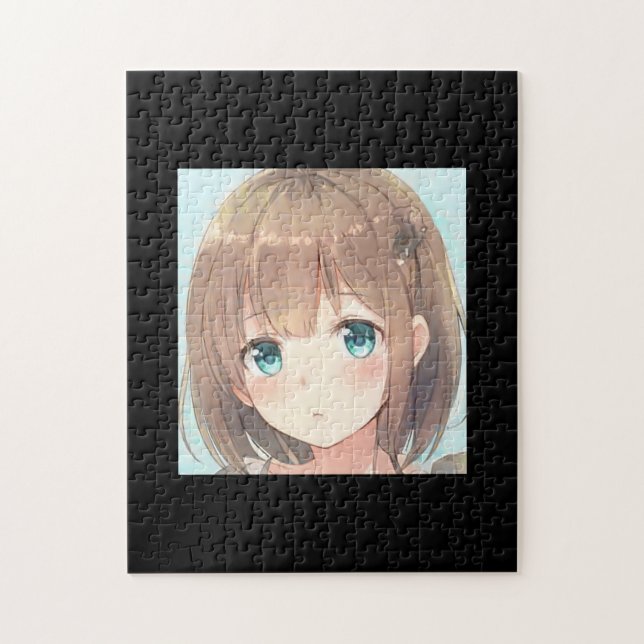 Ledsen brun hårflicka kläckte grönt öga anime mang pussel (Vertikal)