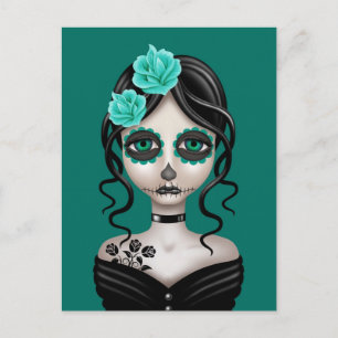 Ledsen Day of the dead Girl på Teal Blue Vykort
