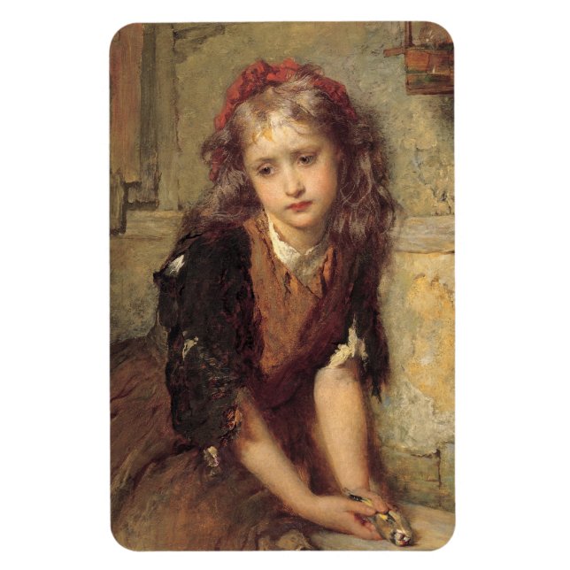 Ledsen Girl with a Dead Goldfinch Bird (sällskapss Magnet (Vertikal)