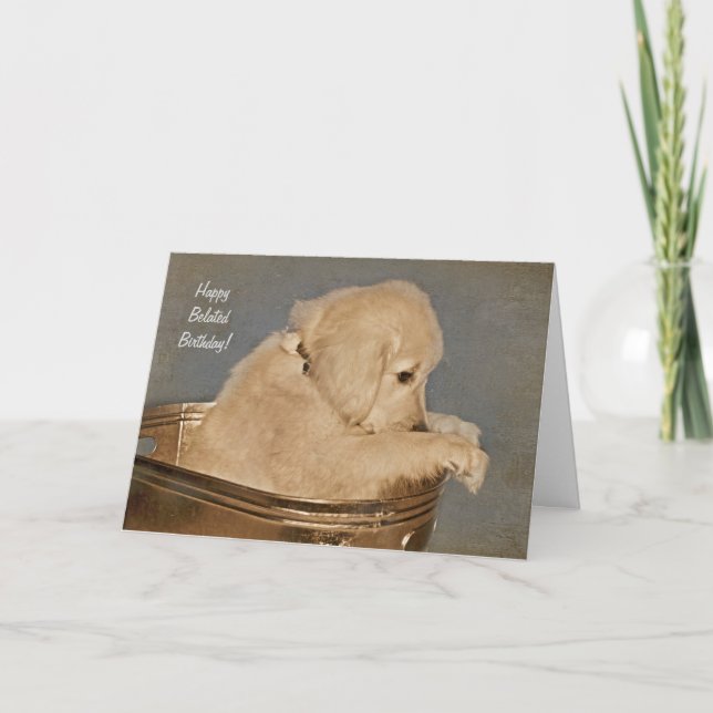 ledsen Golden Retriever, senkommen födelsedag Kort (Framsida)