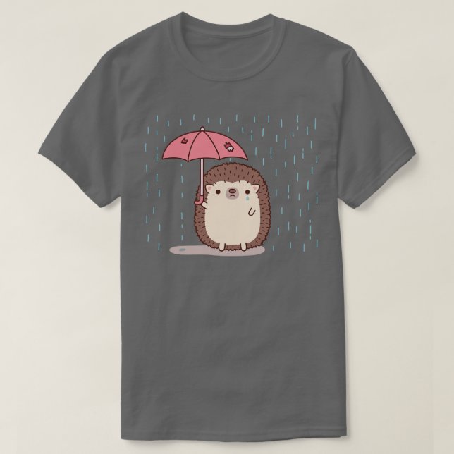 Ledsen Hedgehog Holding Parbrella in Rain Doodle T Shirt (Design framsida)
