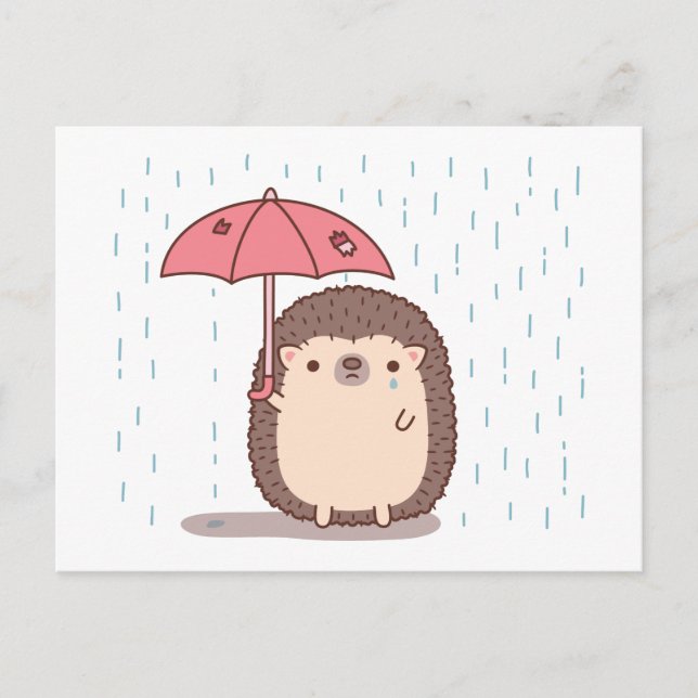 Ledsen Hedgehog Holding Parbrella in Rain Vykort (Framsida)