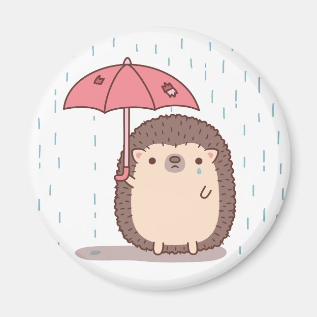 Ledsen Hedgehog in Rain with torn Umbrella Magnet (Framsidan)