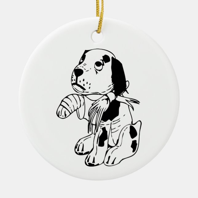 Ledsen hund med benbrottet julgransprydnad keramik (Framsidan)
