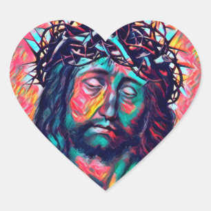Ledsen Jesus Kristus Ansikte Thorn Krona Abstrakt Hjärtformat Klistermärke