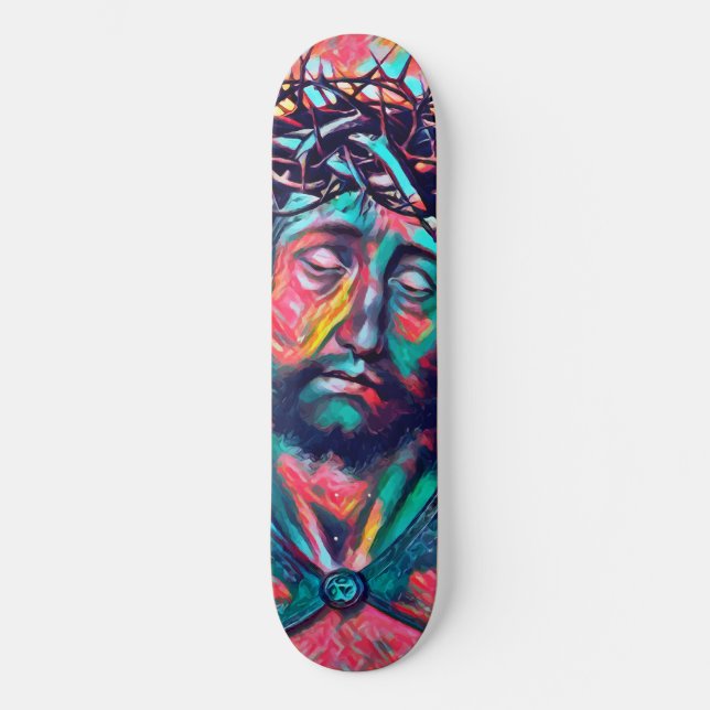 Ledsen Jesus Kristus Ansikte Thorn Krona Abstrakt  Mini Skateboard Bräda 18,5 Cm (Framsida)