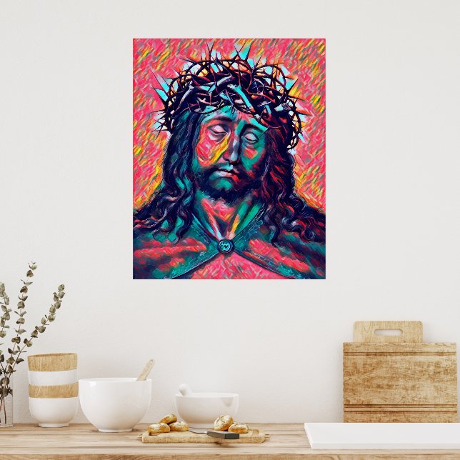 Ledsen Jesus Kristus Ansikte Thorn Krona Abstrakt  Poster (Kök)