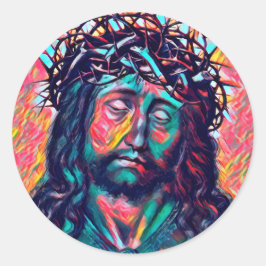 Ledsen Jesus Kristus Ansikte Thorn Krona Abstrakt Runt Klistermärke