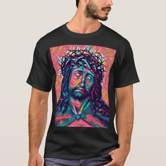 Ledsen Jesus Kristus Ansikte Thorn Krona Abstrakt  T Shirt (Framsida)