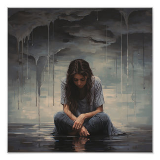 Ledsen kvinna sitta vid golv fototryck