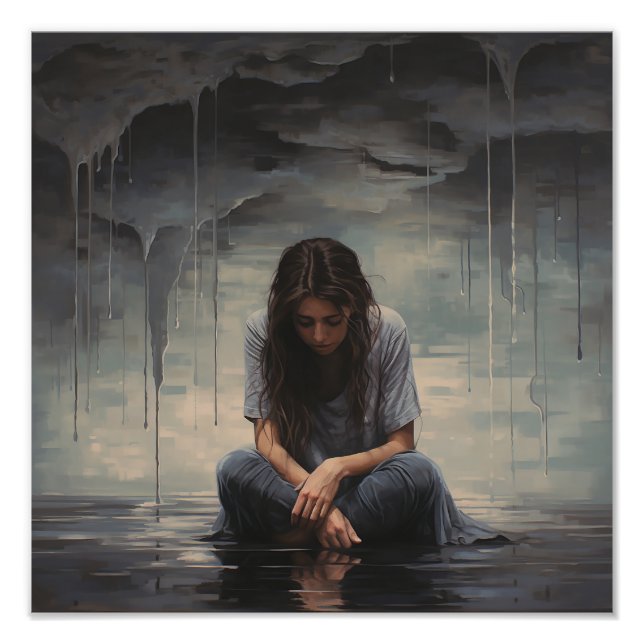 Ledsen kvinna sitta vid golv fototryck (Framsidan)