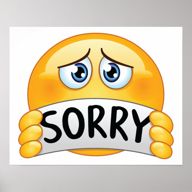 Ledsen ledsen emoji-ansikte som håller ett ursäktt poster (Framsidan)