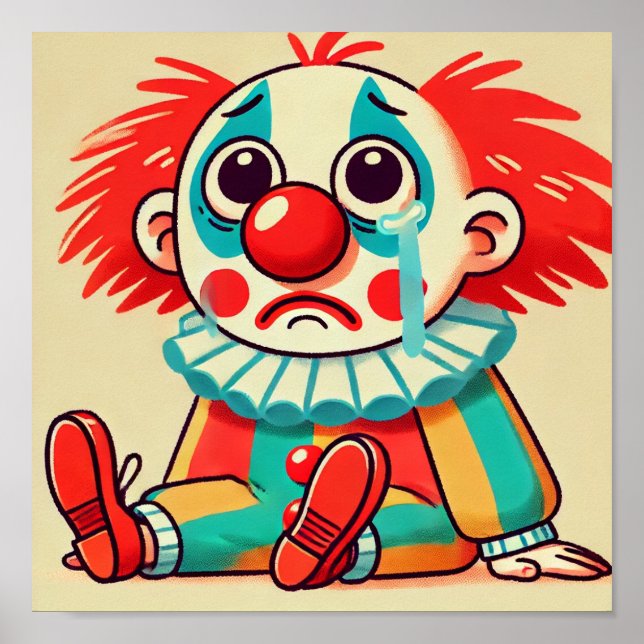 Ledsen Little Cute Tecknad Clown Gråter Poster (Framsidan)