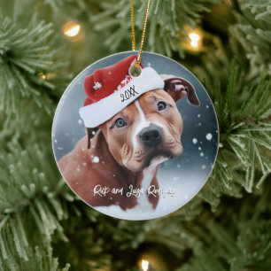 Ledsen Pit Bull med jultomten Julgransprydnad Keramik