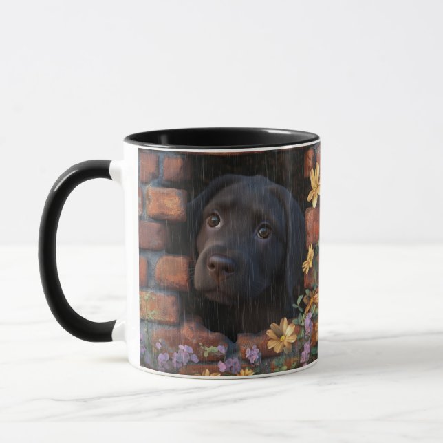 Ledsen Puppy in Rain and Brick Wall Design - Mugg (Vänster)