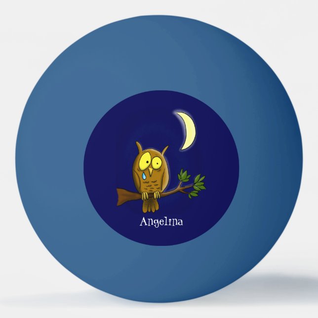 Ledsen uggla med tårar och måne saknade tecknad pingisboll (Framsidan)